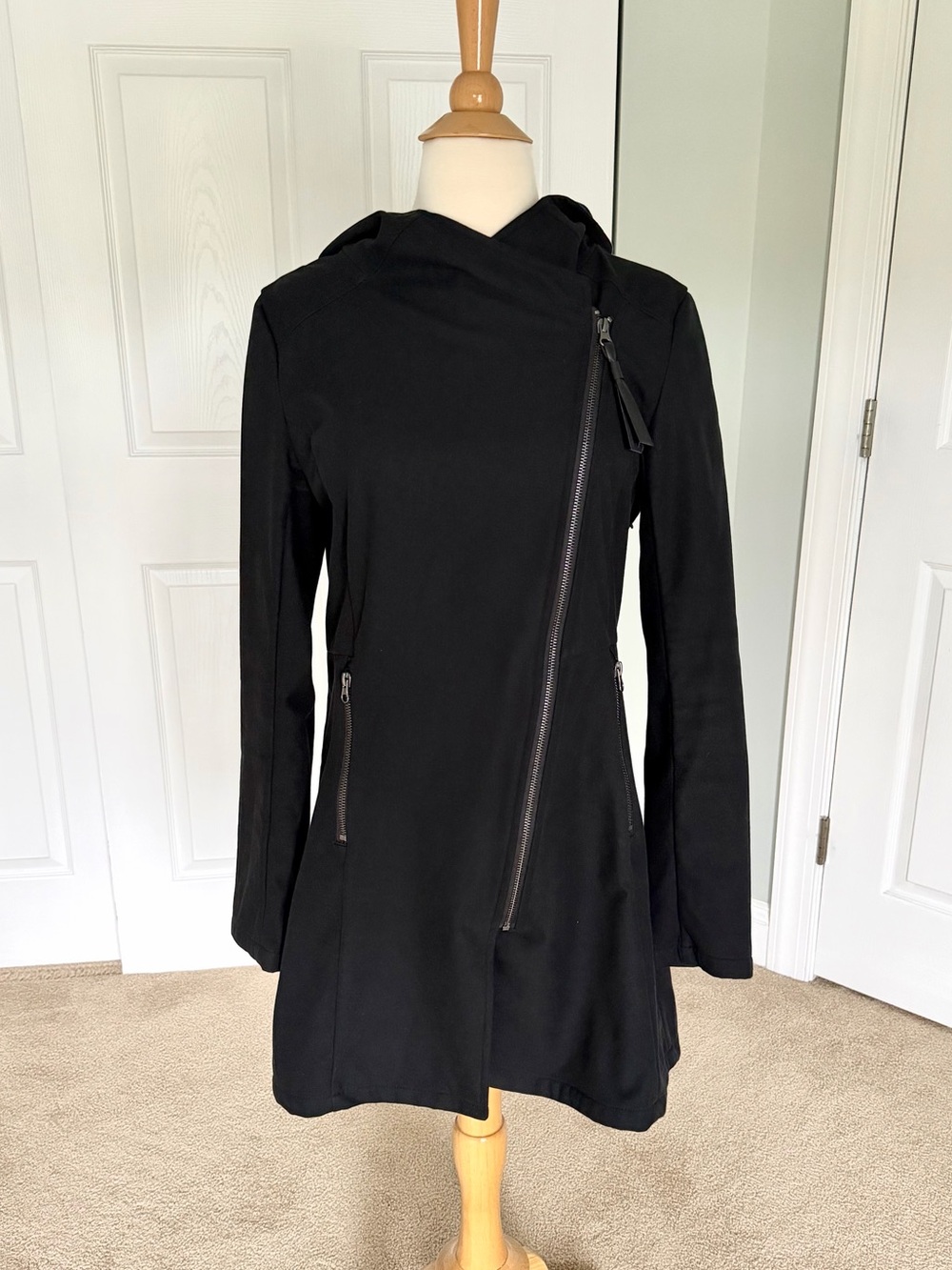 Mia Melon Houston Black Asymmetrical Zip Hooded Rain Jacket